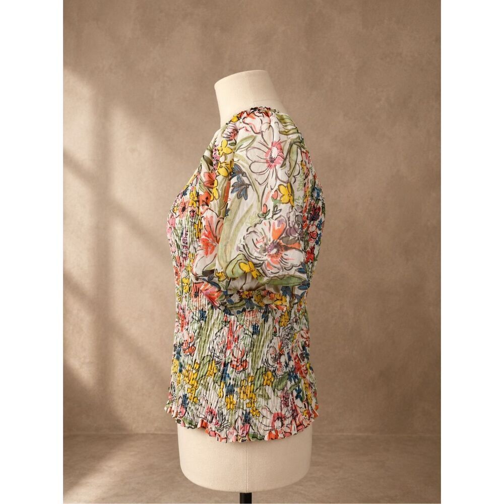 Anthropologie Smocked Floral Puff Sleeve Top Multicolor Size L Stretchy Summer B - Picture 2 of 13